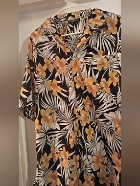 Pacifica Black Button-Down Hawaiian Shirt with Yellow Floral Print
